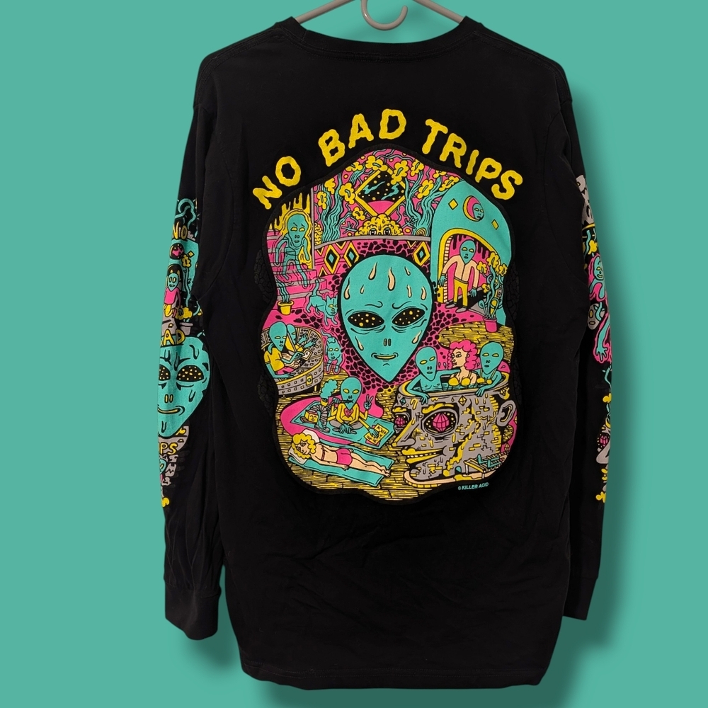 Killer Acid Men's Black Psychedelic Alien Graphic Long Sleeve No Bad Trips Shirt